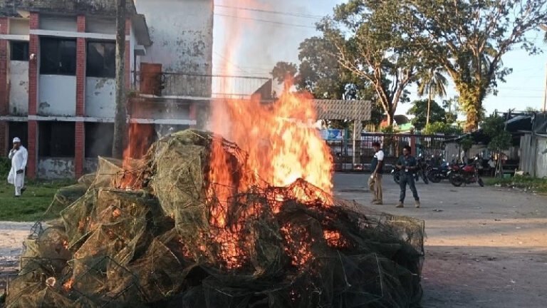 কোটালীপাড়ায় নিষিদ্ধ চায়না দুয়ারি জাল পুড়িয়ে ধ্বংস