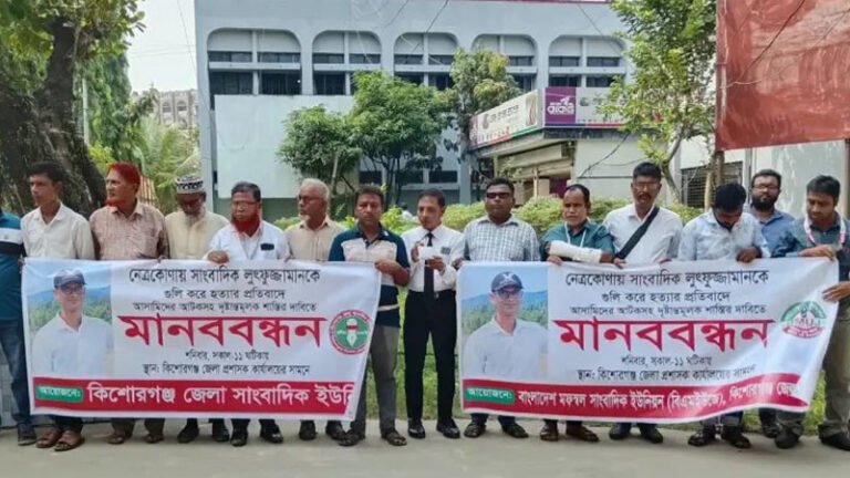 সাংবাদিক লুৎফুজ্জামান আলিফ হত্যার বিচার দাবিতে কিশোরগঞ্জে মানববন্ধন