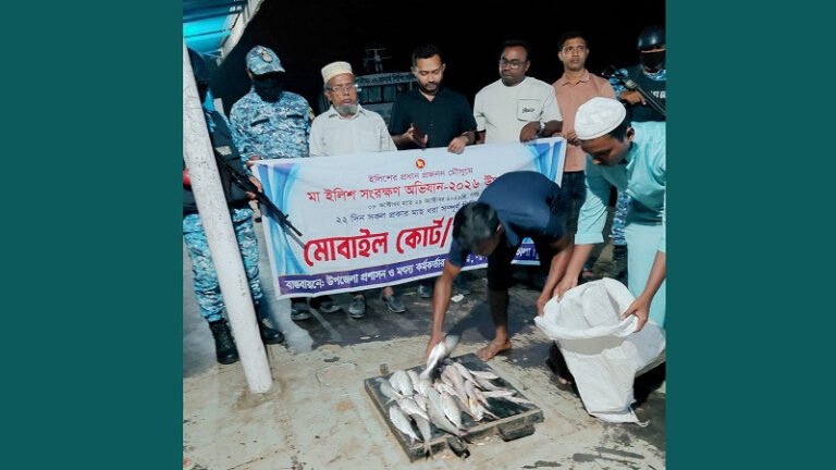 লালমোহনে মা ইলিশ রক্ষায় অভিযানে ৫ হাজার মিটার জাল ও ৫ কেজি মাছ জব্দ